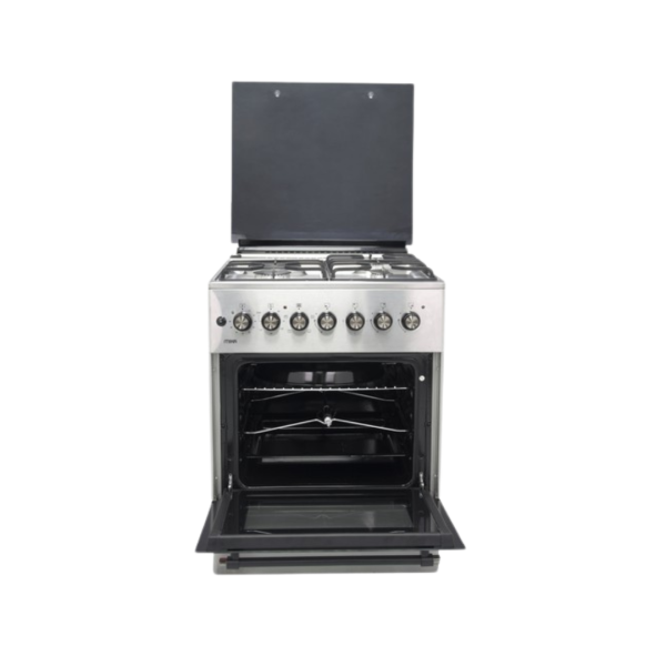 MIKA Standing Cooker, 60cm x 60cm, 3 Gas Pool Jet Burners + 1 RAPID Hot Plate, FLAME FAILURE SAFETY, Auto Ignition, 4 Function Electric Oven, Rotisserie, Half Inox