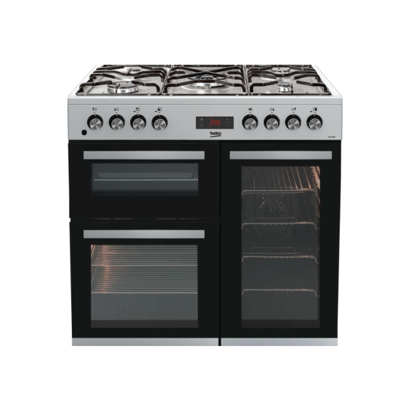 BEKO Standing Cooker, 90cm X 60cm, 4 Gas Burner + 1 Wok, Electric Oven, Silver, Double Oven