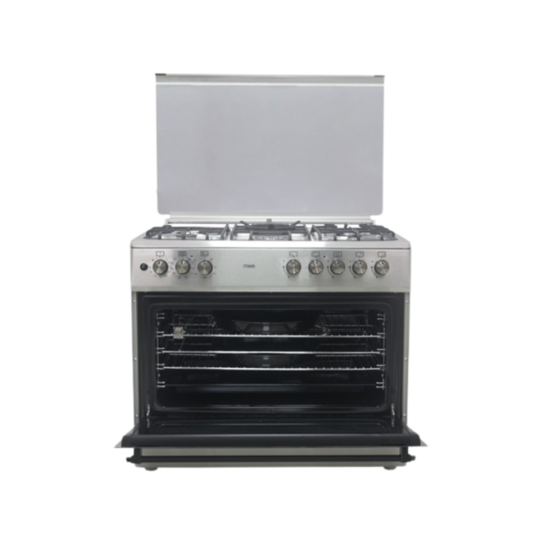 MIKA Standing Cooker, 90cm x 60cm, 4 Gas Pool Jet Burners (1 Wok) + 1 RAPID Hot Plate, FLAME FAILURE SAFETY, Auto Ignition, 10 Function Full 90cm Electric Oven (Air Fry+Convection Fan), Rotis