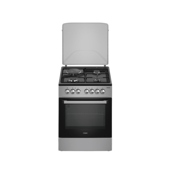 MIKA Standing Cooker, 60cm x 60cm, 3 Gas Pool Jet Burners + 1 RAPID Hot Plate, Auto Ignition, 4 Function Electric Oven, Rotisserie, Black Hob, Silver Body