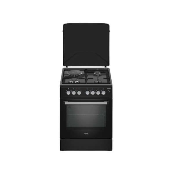 MIKA Standing Cooker, 60cm x 60cm, 3 Gas Pool Jet Burners + 1 RAPID Hot Plate, Button Ignition, 3 Function Electric Oven, Full Black