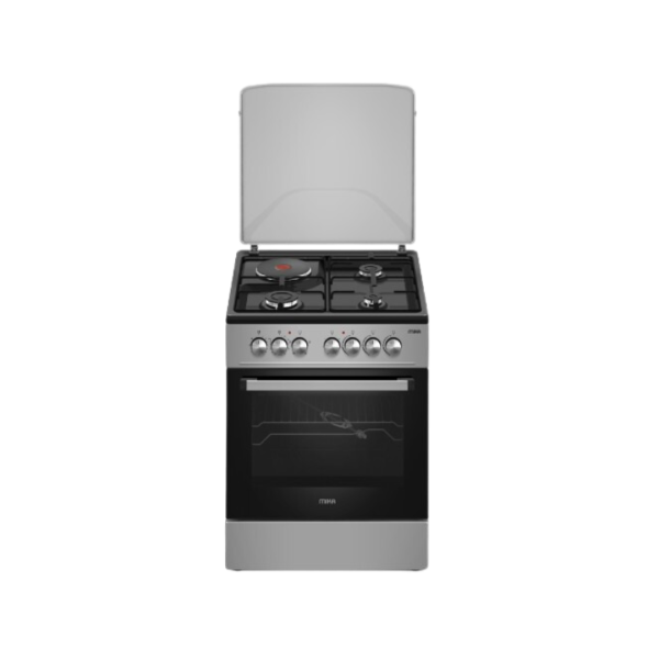 MIKA Standing Cooker, 50cm x 60cm, 3 Gas Pool Jet Burners + 1 RAPID Hot Plate, Button Ignition, 4 Function Electric Oven, Rotisserie, Black Hob, Silver Body