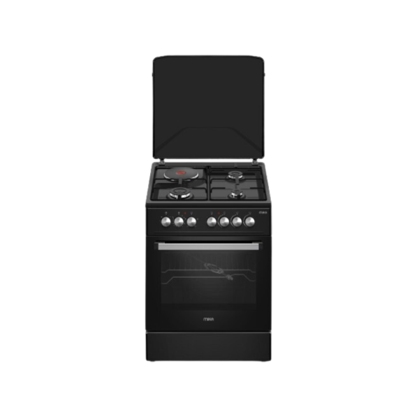 MIKA Standing Cooker, 50cm x 60cm, 3 Gas Pool Jet Burners + 1 RAPID Hot Plate, Button Ignition, 4 Function Electric Oven, Rotisserie, Full Black