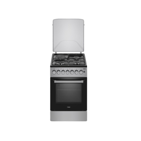 MIKA Standing Cooker, 50cm x 60cm, 3 Gas Pipe Burners + 1 RAPID Hot Plate, Button Ignition, 3 Function Electric Oven, Black Hob, Silver Body