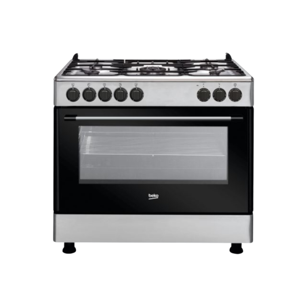 BEKO Standing Cooker, 90cm X 60cm, 4 Gas Burner + 1 Wok, Electric Oven, Silver, Double Oven