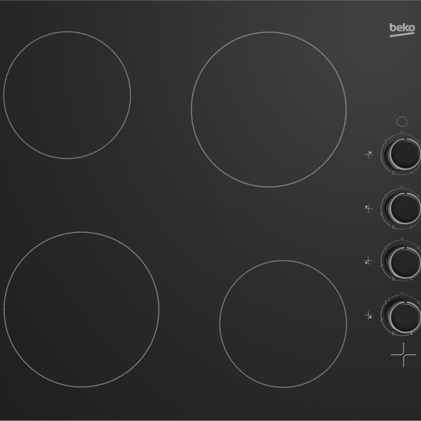 BEKO Built-In Hob,  60cm, 2 x 180mm & 1700W, 4 Vitroceramic  Plate Hob On Black Glass Side