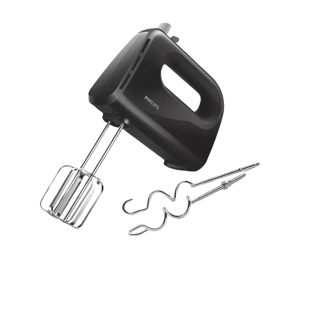 PHILIPS Hand Mixer, 300W, 5 Speed with Turbo, with Strip Beaters & Dough Hooks, Black & SS