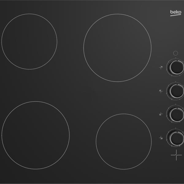 BEKO Built-In Hob,  60cm, 2 x 180mm & 1700W, 4 Vitroceramic  Plate Hob On Black Glass Side