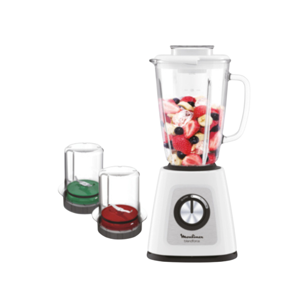 MOULINEX Table Top Blender, 1.75L, 3 in 1, with Grinder & Grater, Glass Jar, 700W, White